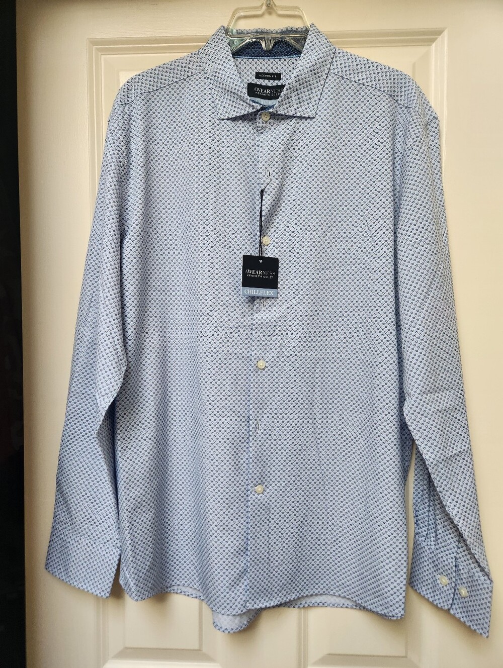 Kenneth Cole Chillflex Light Blue Printed Dress Shirt, Size L